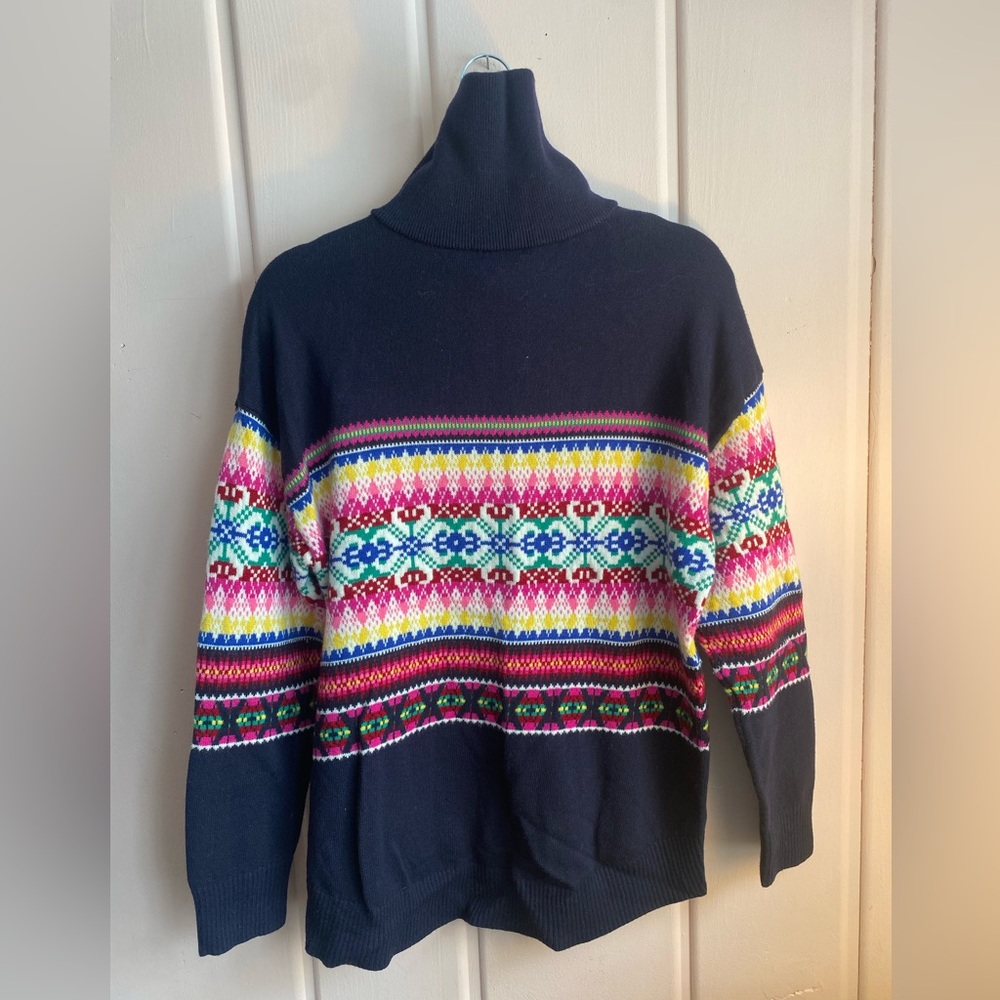 Talbots Navy Multicolor Patterned Turtleneck Swea… - image 3